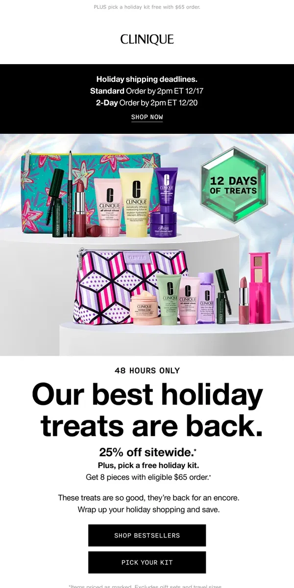 Email from Clinique. 48 HOURS ONLY. 25% off! Our merriest offers are back 🎉 