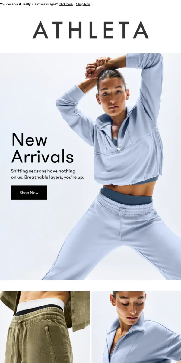 Email from Athleta. Inside: 100s of spring arrivals