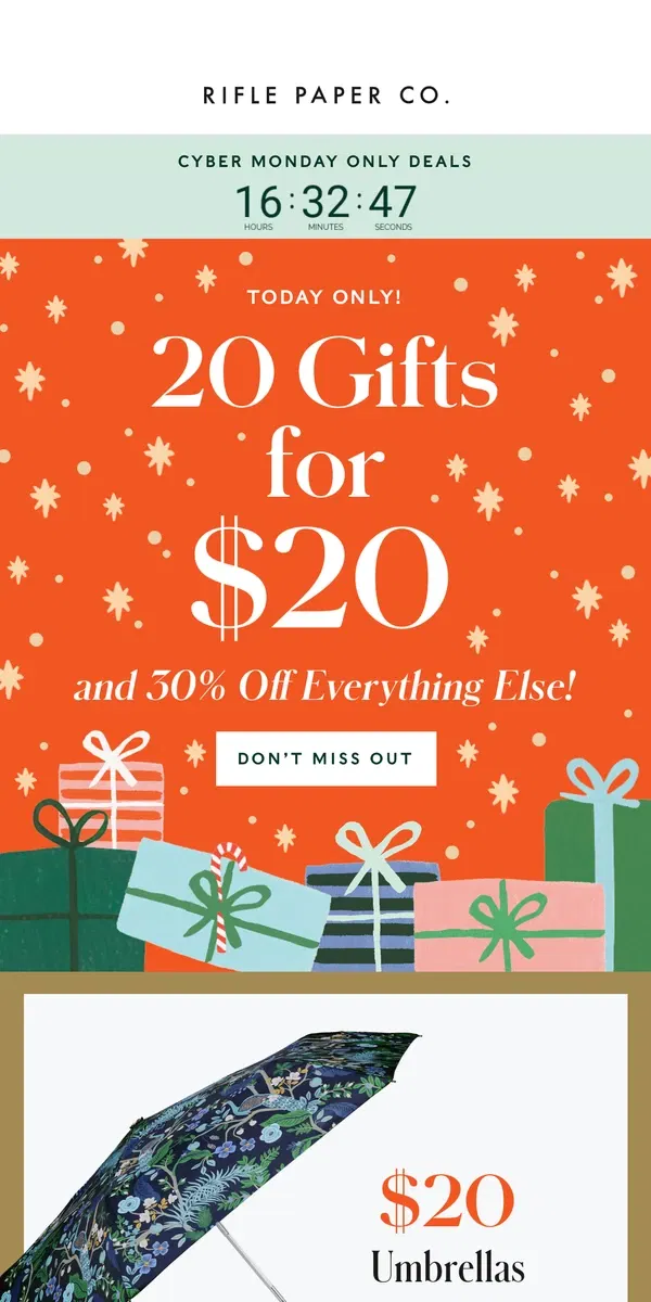 Email from Rifle Paper Co.. ❗20 Gifts for $20❗ Our Cyber Monday Sale Is On For One Day Only!