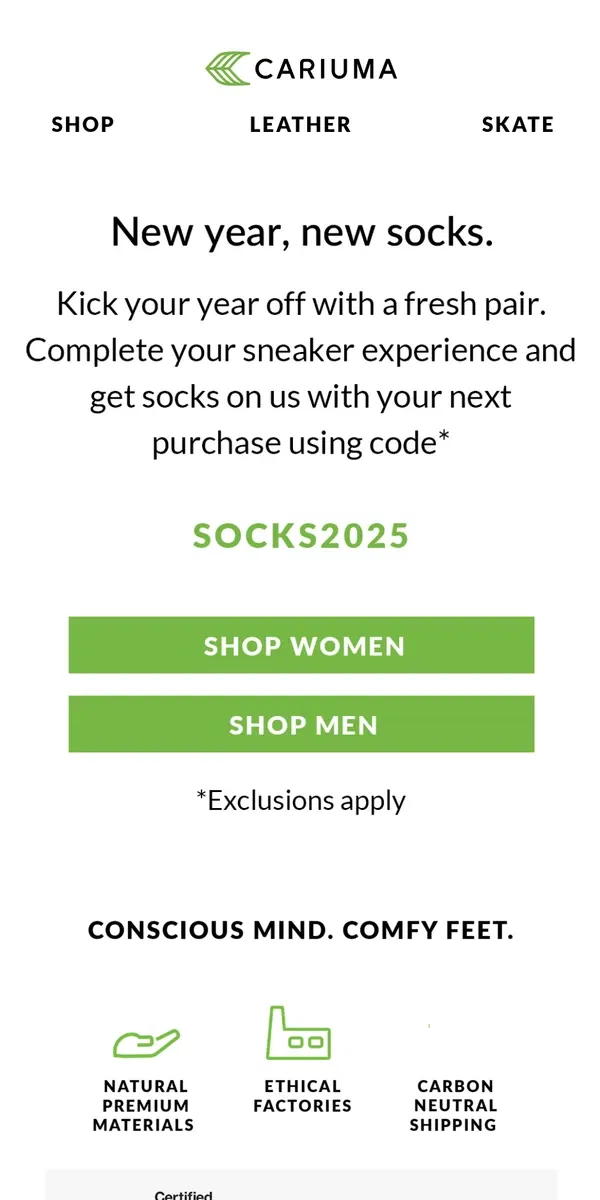 Email from Cariuma. New Year, New (Free) Socks