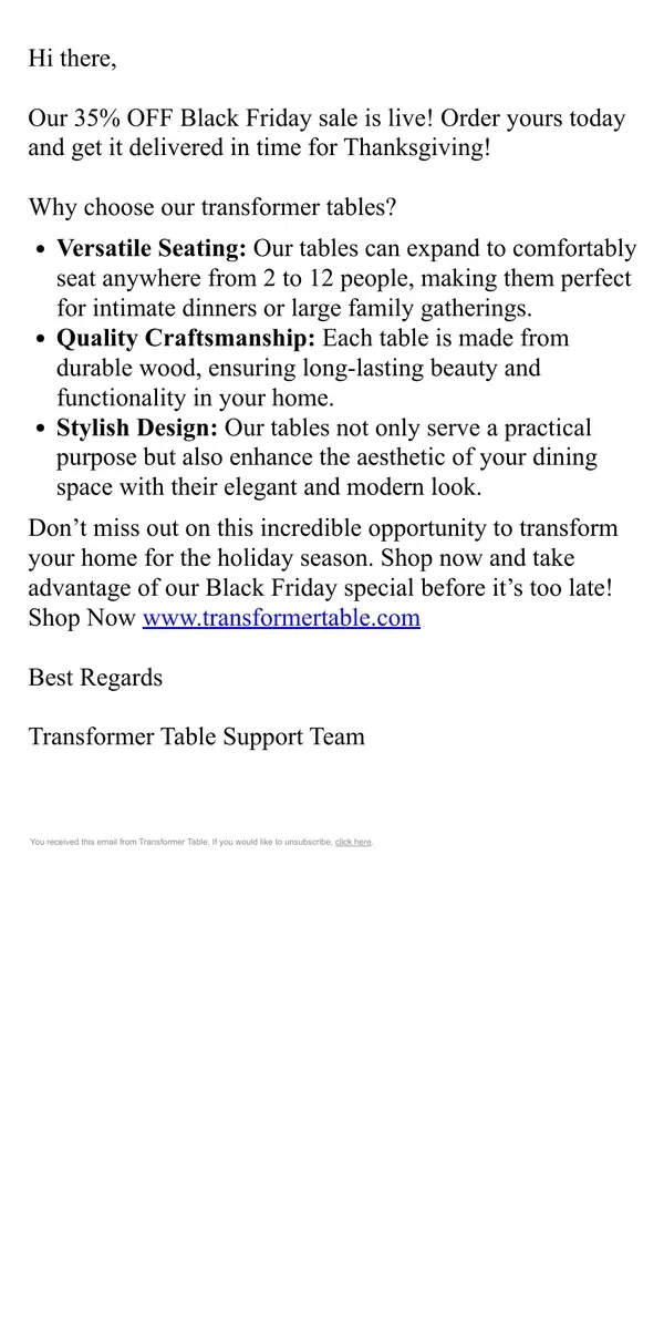 Email from Transformer Table. Your Black Friday Deal Is Almost Gone!