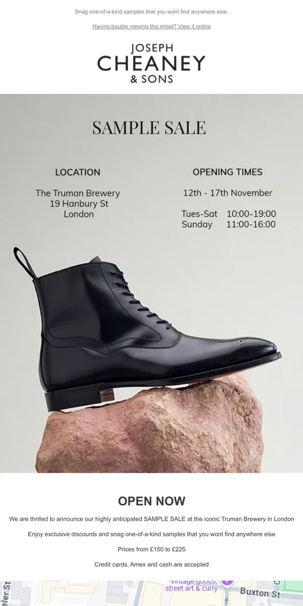 Email from Joseph Cheaney. Sample Sale in London  - Open Now!