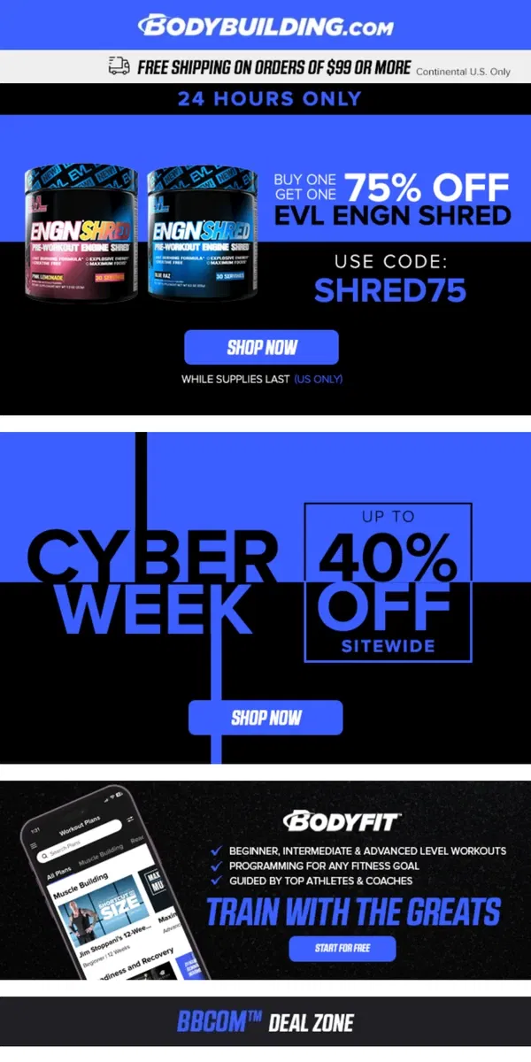 Email from Bodybuilding.com. 🕒 TODAY ONLY! BOGO DEAL on EVL ENGN Shred + Up to 40% OFF!!!