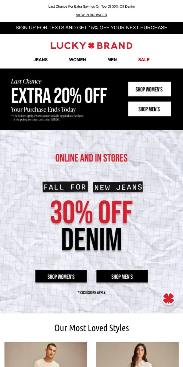 Email from Lucky Brand. ⏰ FINAL HOURS! Extra 20% Off Online And In Stores