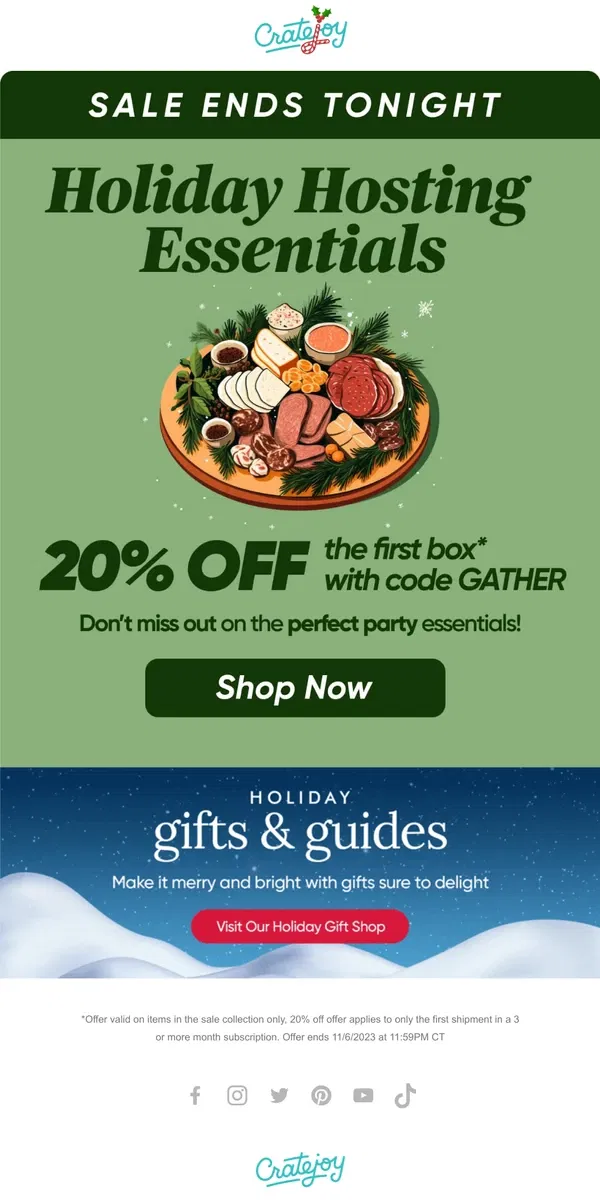 Email from Cratejoy. The Holiday Hosting Sale Ends Tonight!