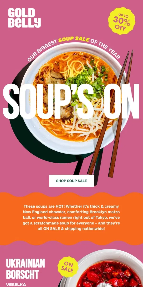 Email from Goldbelly. 🥣 SOUP SALE! Matzo Ball + Clam Chowder + Ramen 🥣