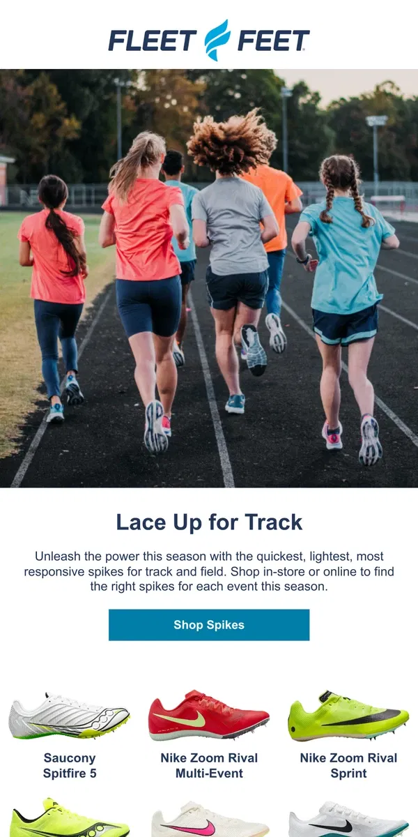 Email from Fleet Feet. Your guide to track spikes