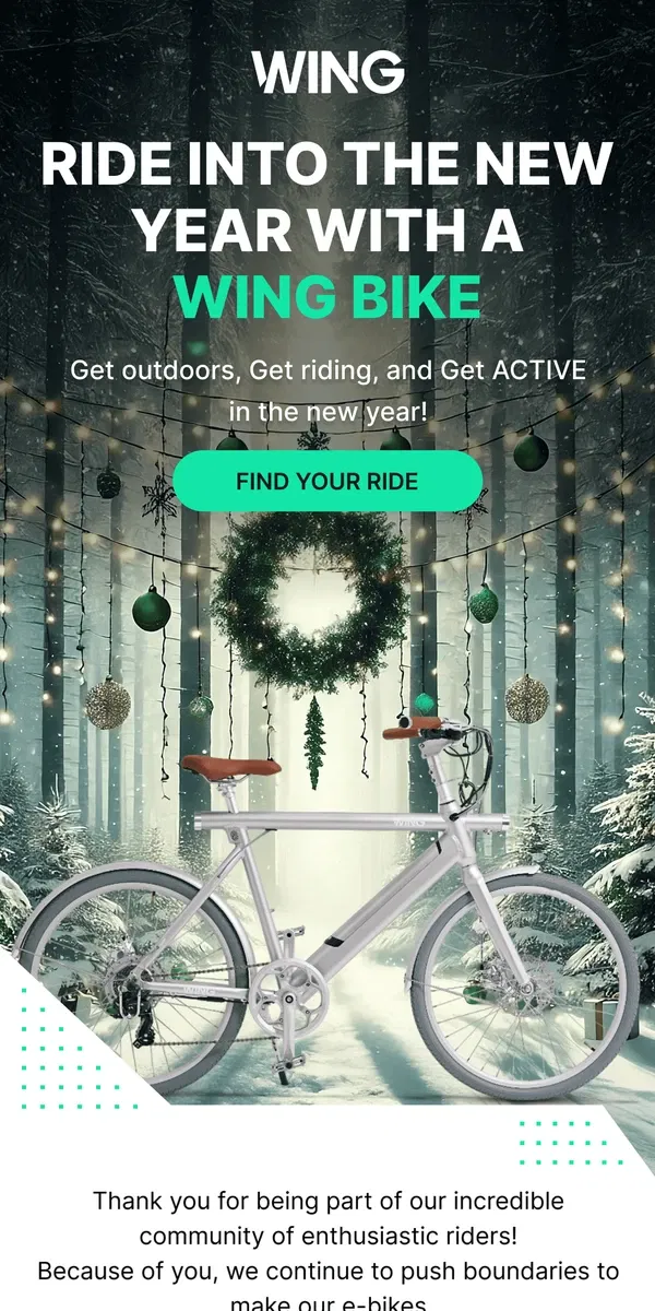 Email from Wing Bikes. Race towards your New Year’s resolutions