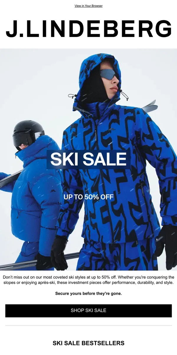 Email from J.Lindeberg. Ski Sale Bestsellers – Up to 50% Off