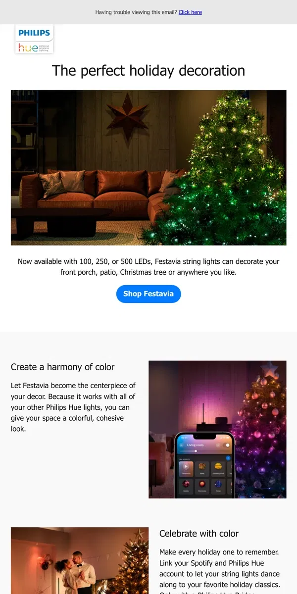 Email from Philips Hue. Festavia string lights 🎄 Don't wait!