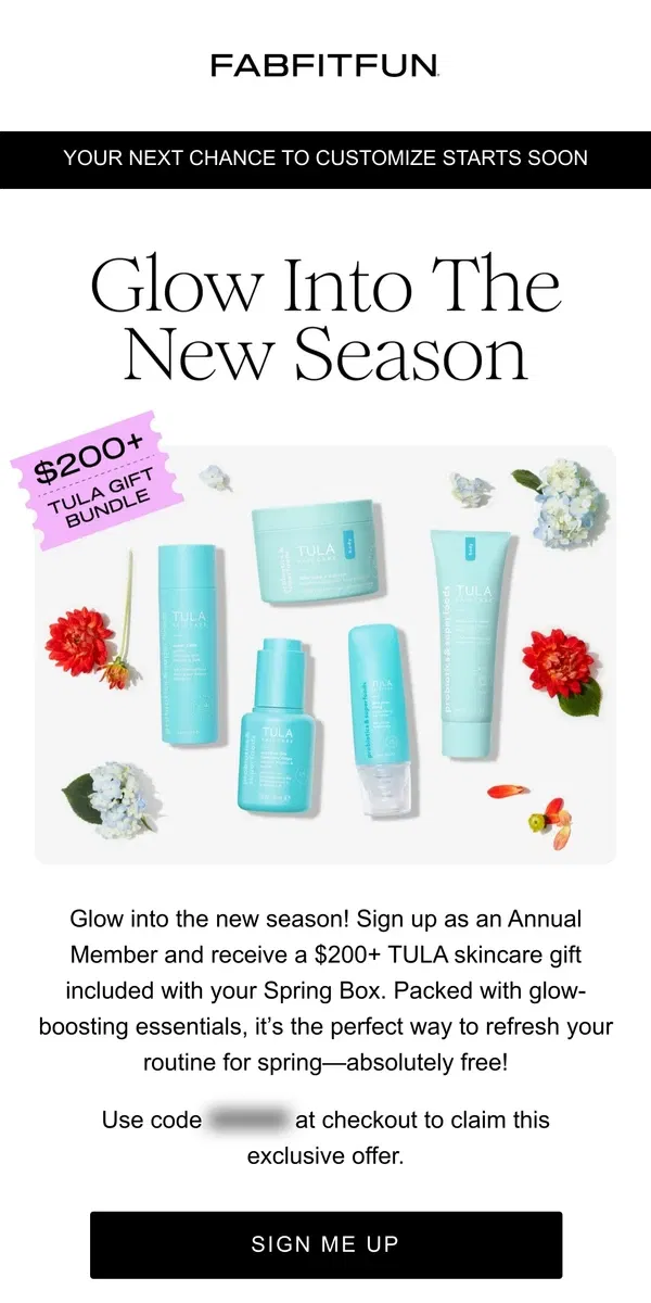 Email from FabFitFun. Glow Into Spring with a $200+ TULA Gift