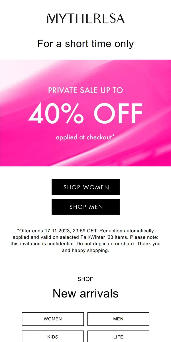 Email from Mytheresa. Private Sale: Up to 40% off for a short time only