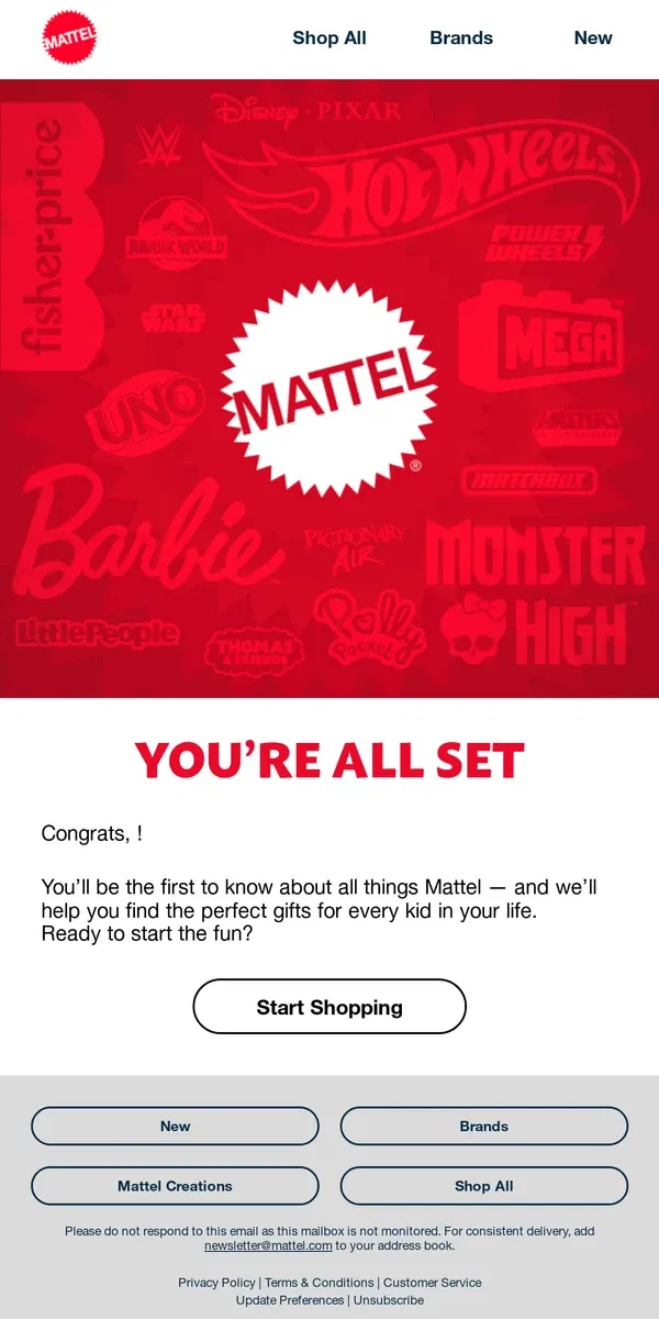 Email from Mattel Store. Welcome to Mattel. Let’s Play!