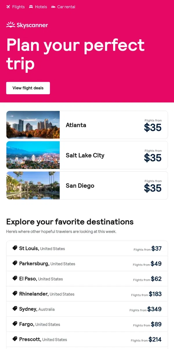 Email from Skyscanner. San Diego from $35 and more ✈️