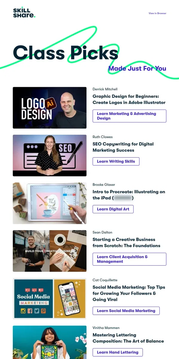 Email from Skillshare. We bet you'll love these class recommendations 👀