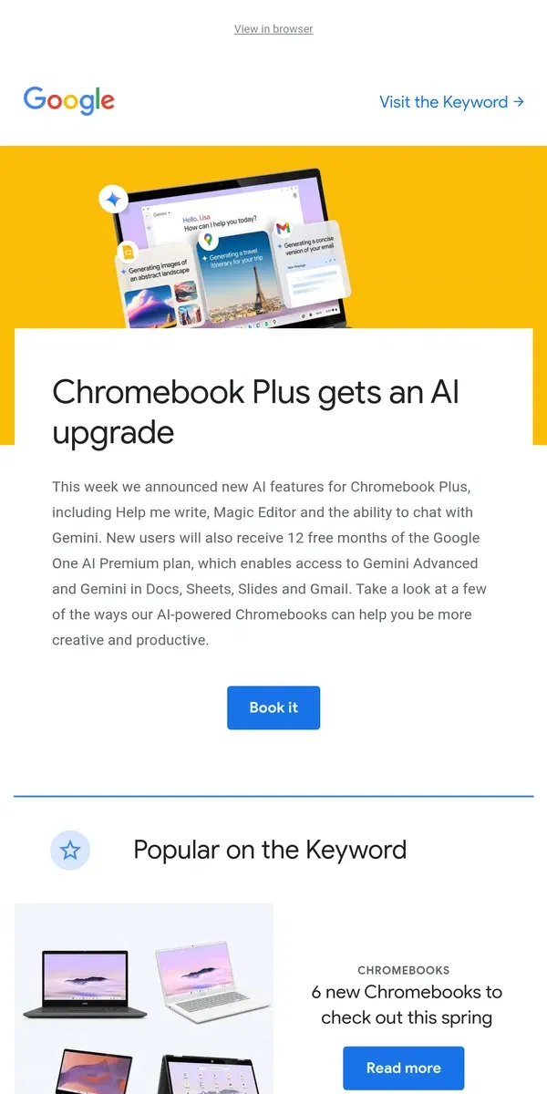 Email from Google. New AI features for Chromebook Plus