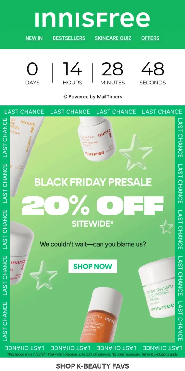 Email from innisfree. LAST DAY! 20% OFF SITEWIDE