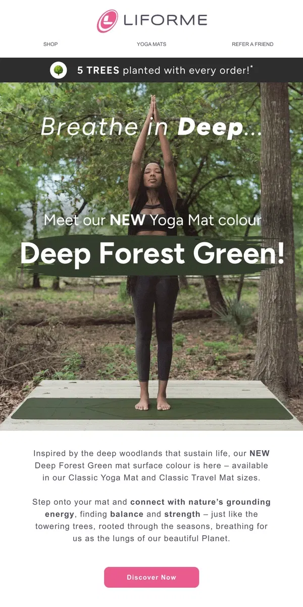 Email from Liforme. Introducing Deep Forest Green 🌳