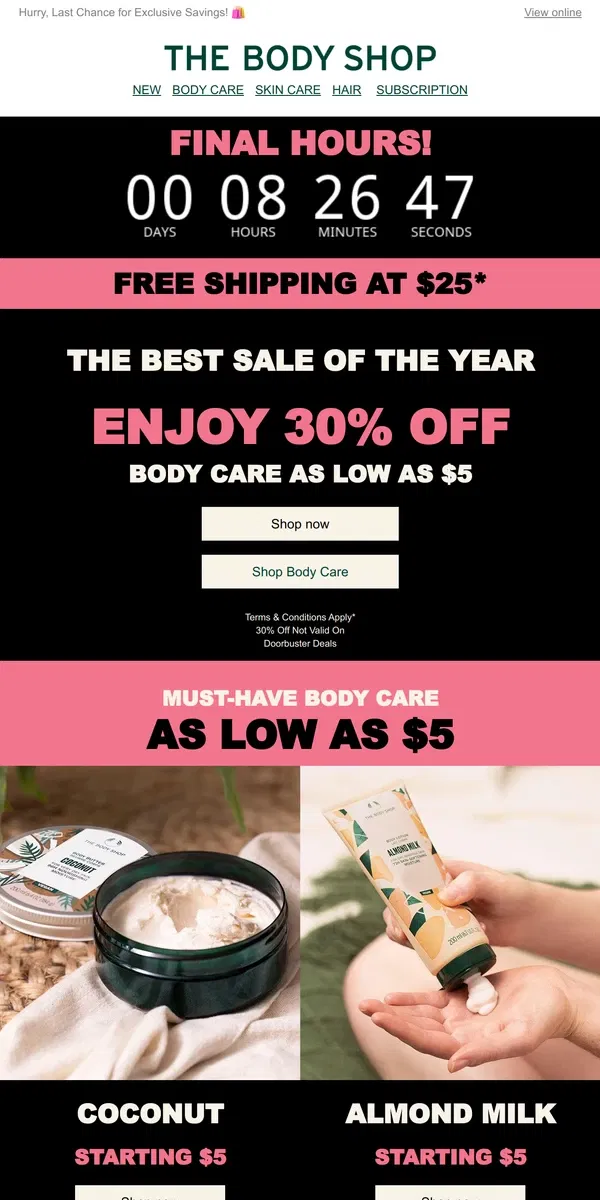 Email from The Body Shop. Last Call! Grab 30% Off Now – Black Friday Ends in Hours!