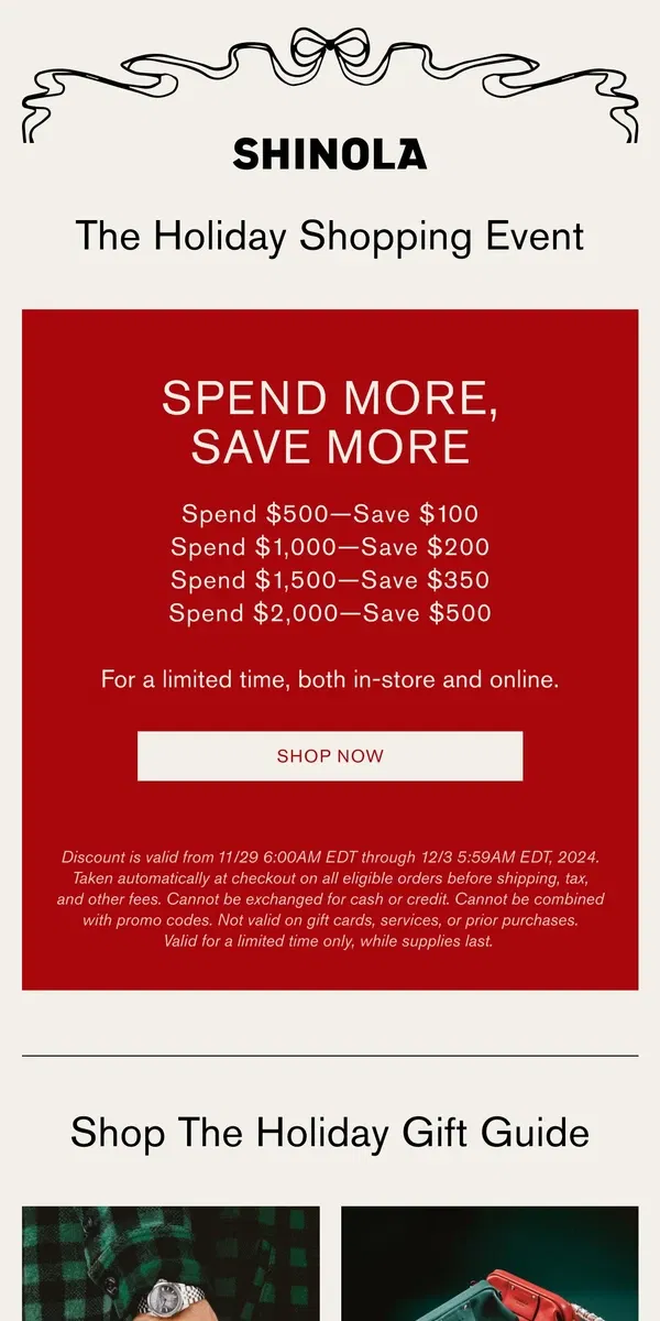 Email from Shinola Detroit. Black Friday: Save up to $500