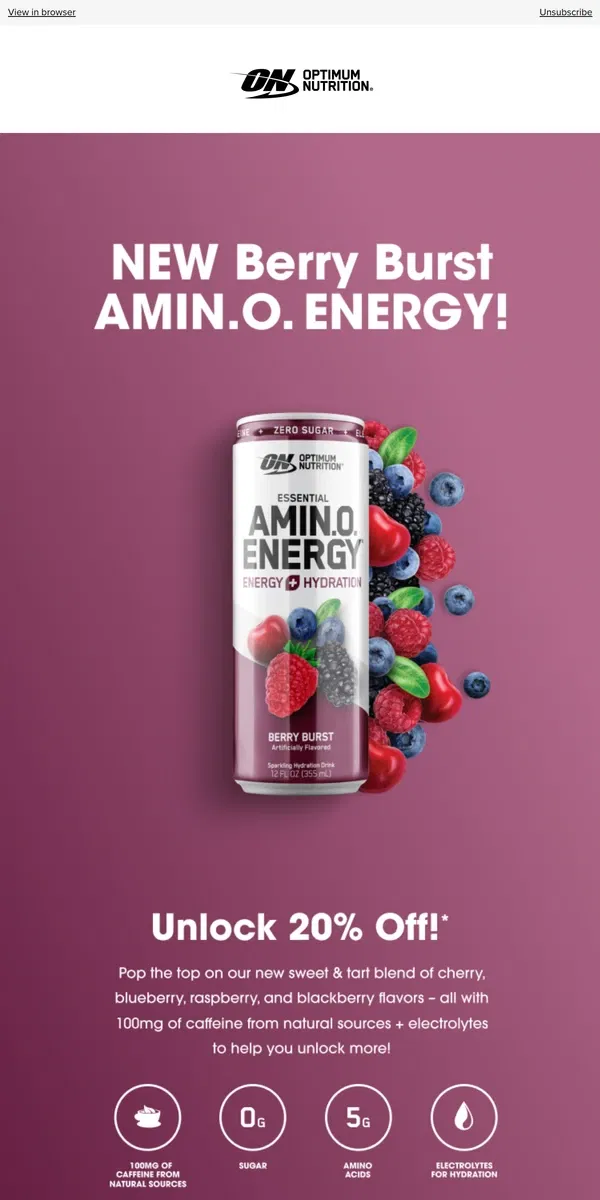 Email from Optimum Nutrition. 🚨 ALERT: NEW AMIN.O ENERGY Flavor! 🚨