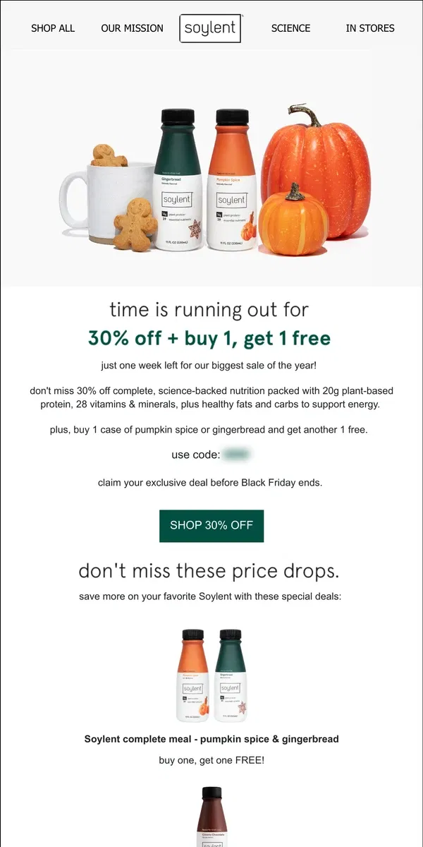 Email from Soylent. 1 week left: 30% off Black Friday!