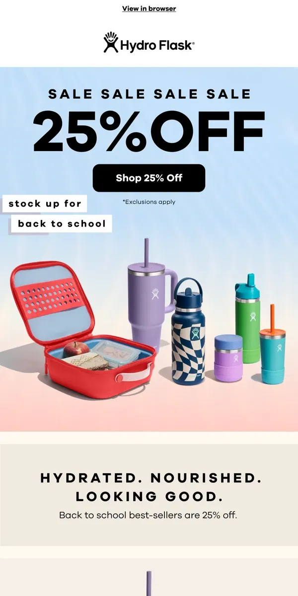 Email from Hydro Flask. Back to school savings