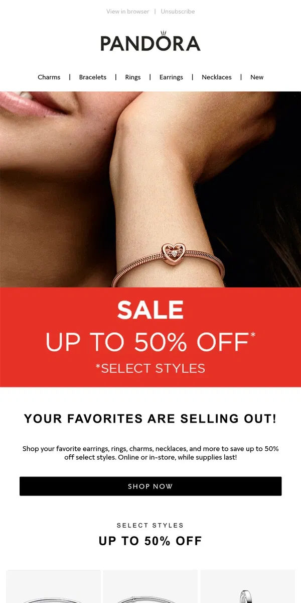 Email from Pandora Jewelry. Happy New Year! Up to 50% off while supplies last