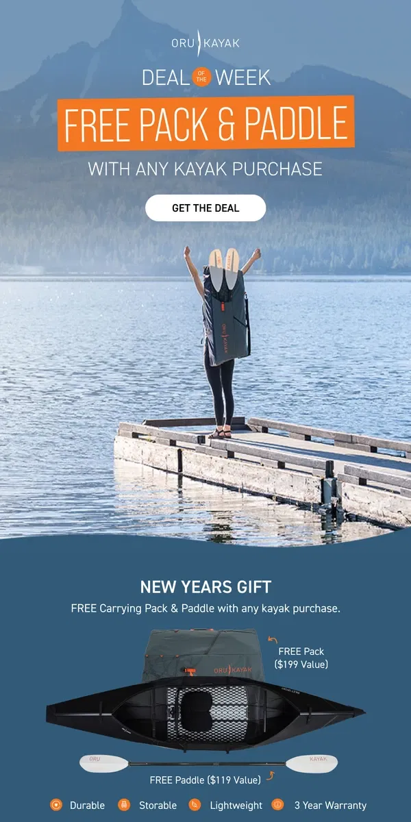 Email from Oru Kayak. New Horizons Ahead: Free Gear Bundle ($318 Value)