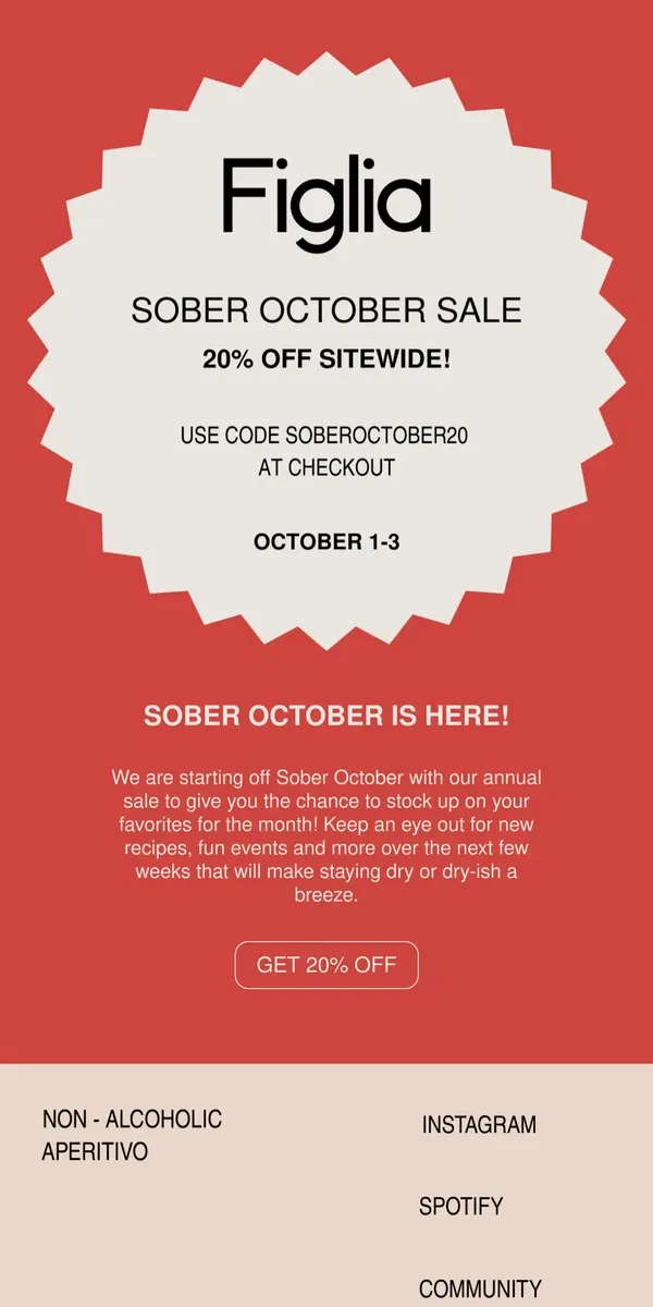 Email from Figlia. 20% off sitewide for Sober October!