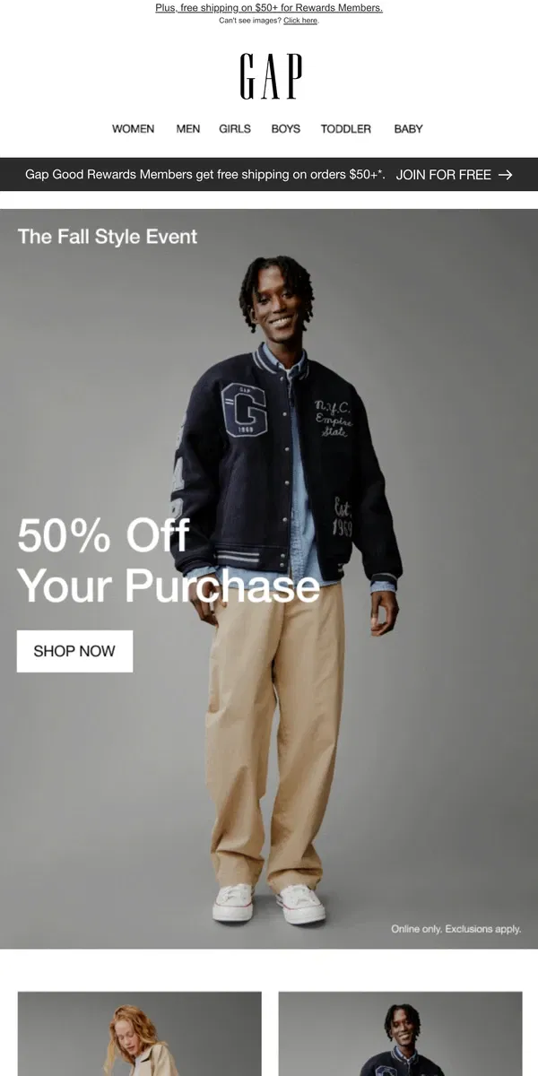 Email from GAP. Re: Your double deal. 50% off your purchase + app-only bonus 10%.