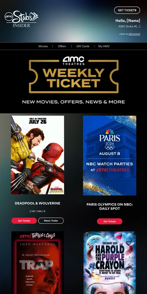 Email from AMC Theatres. [Name], Your Weekly Ticket Is Here