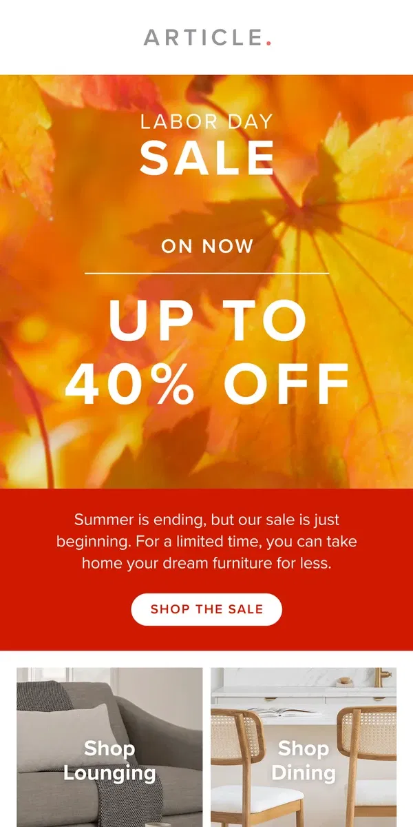 Email from Article. Labor Day Sale has come early