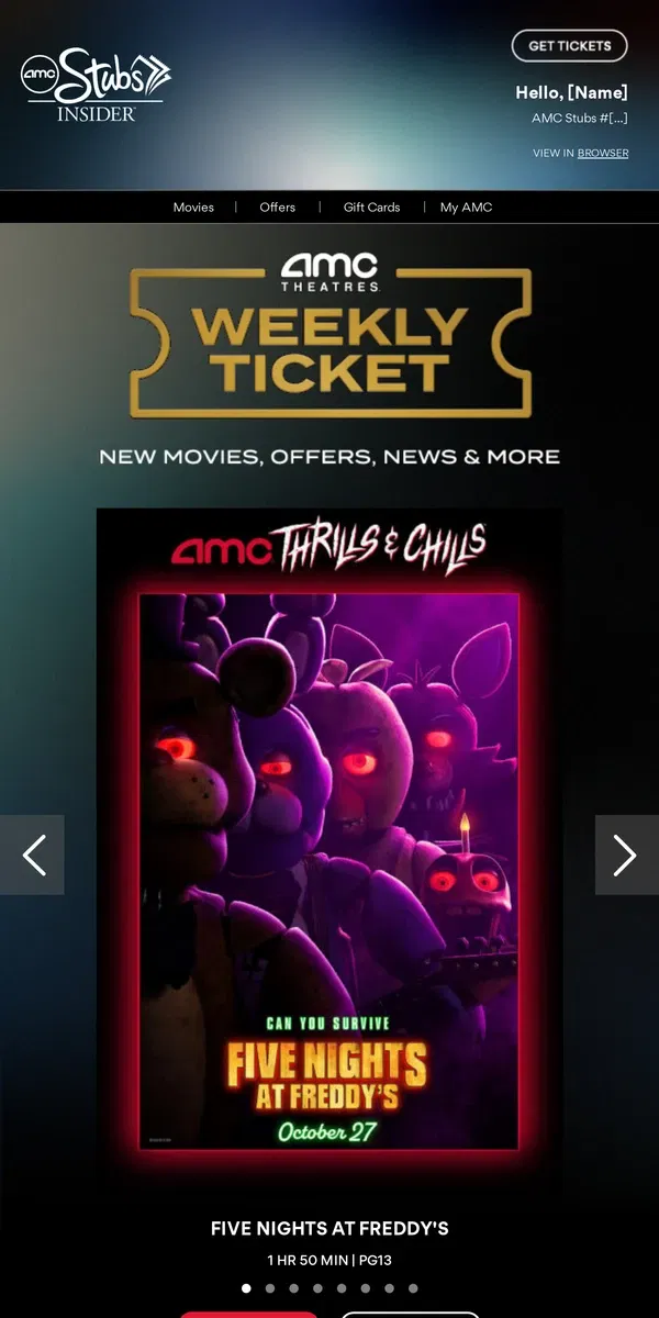 Email from AMC Theatres. [Name], Your Weekly Ticket Is Here