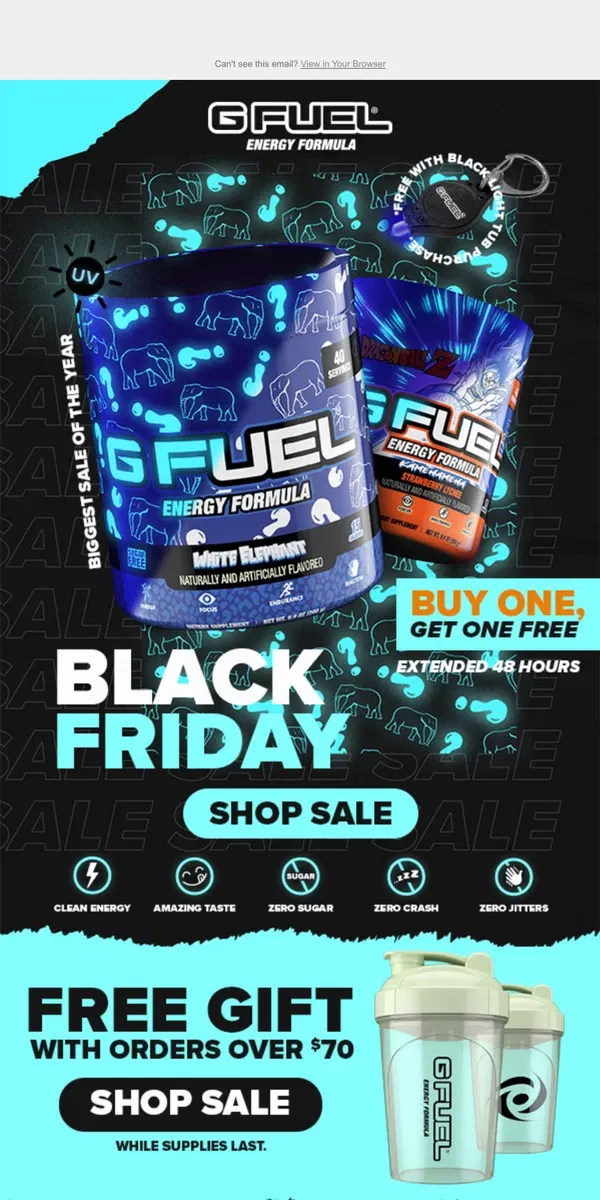 Email from G FUEL. BIGGEST SALE OF THE YEAR EXTENDED 🔥🚀