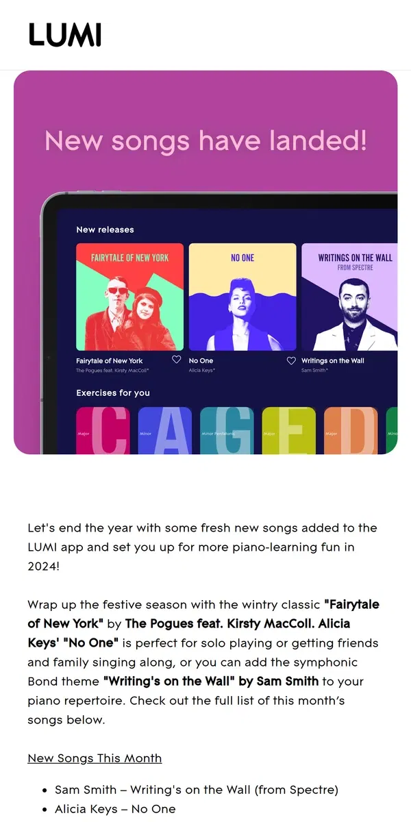 Email from LUMI. Discover the new songs available in the LUMI App 🎶