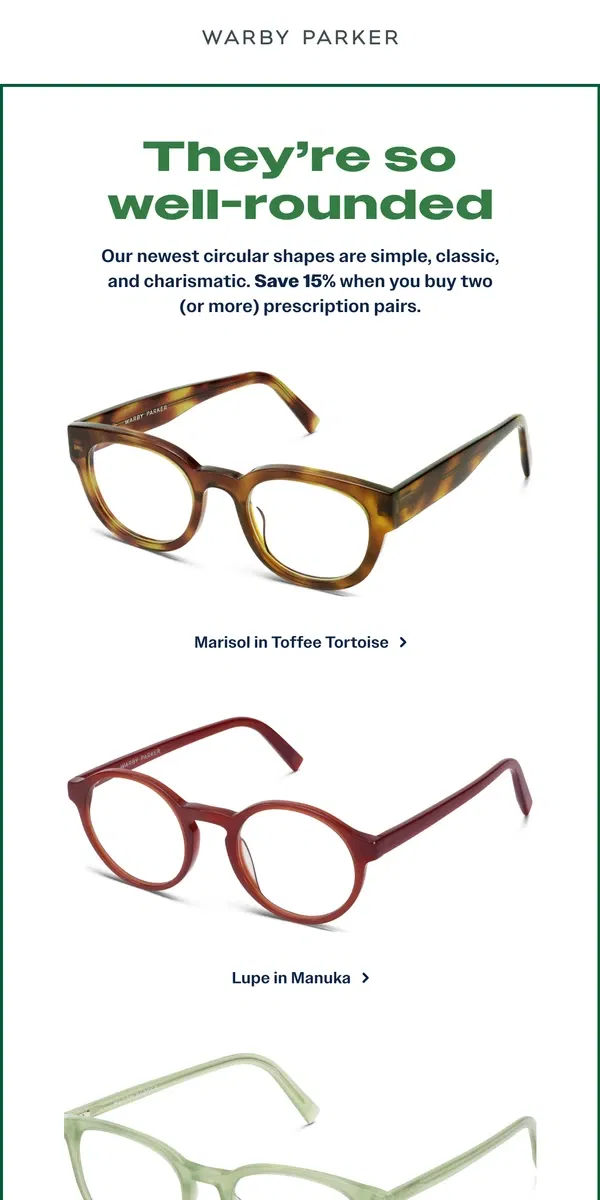 Email from Warby Parker. Round frames in new shades