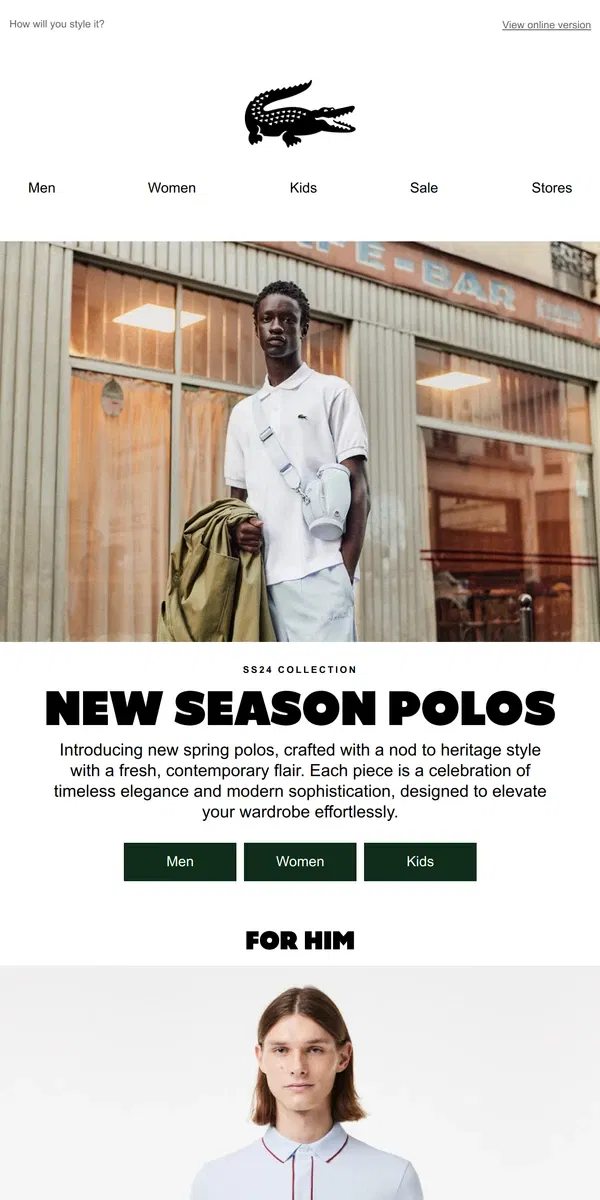 Email from Lacoste. New Season Polos