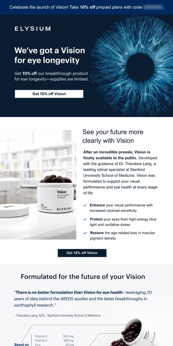 Email from Elysium Health. Announcing Vision for eye longevity, performance, and protection