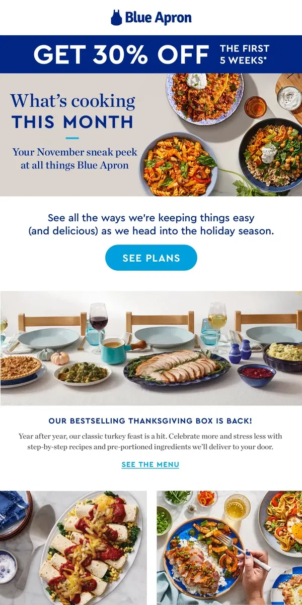 Email from Blue Apron. Your Blue Apron November update + 30% OFF.