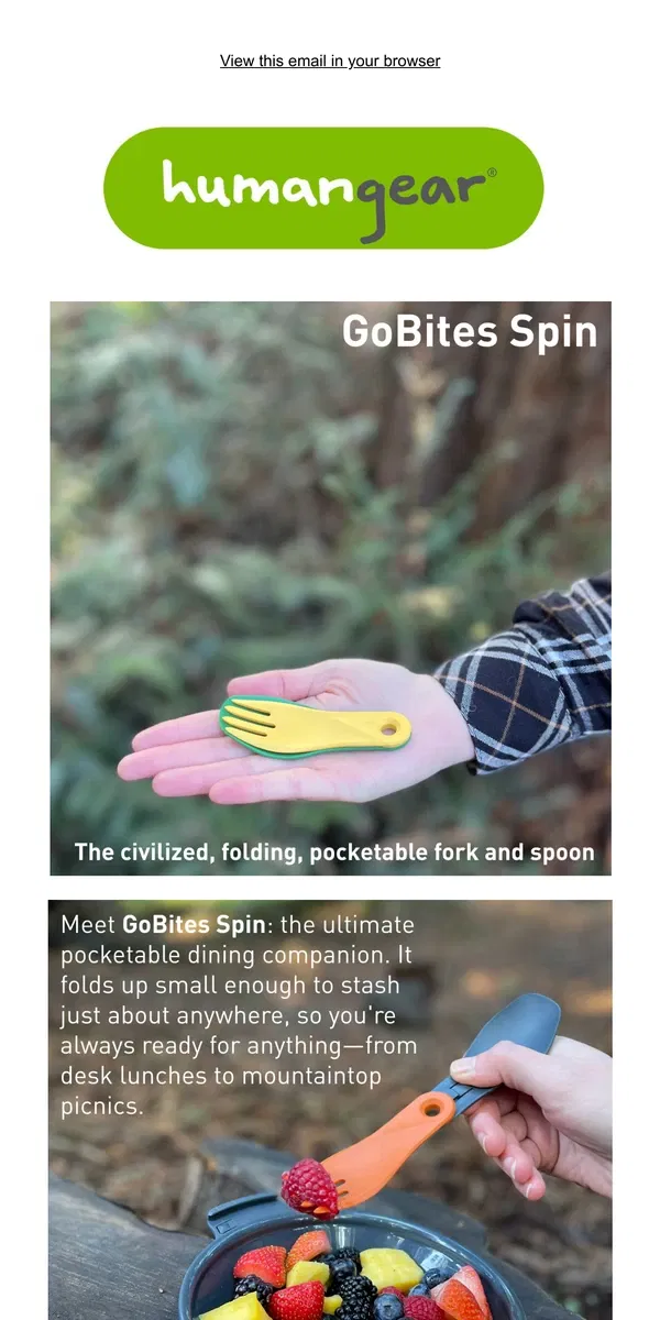 Email from Humangear. 🌟 Introducing: GoBites Spin by humangear