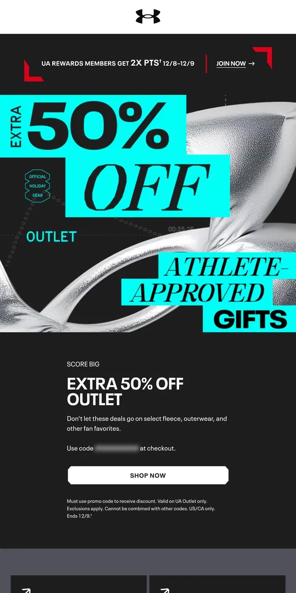 Email from Under Armour. Extra 50% off UA Outlet ends TONIGHT ‼️