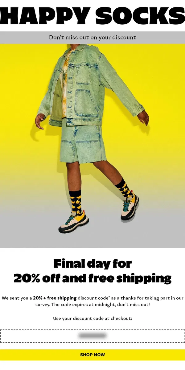 Email from Happy Socks. Your discount expires at midnight!