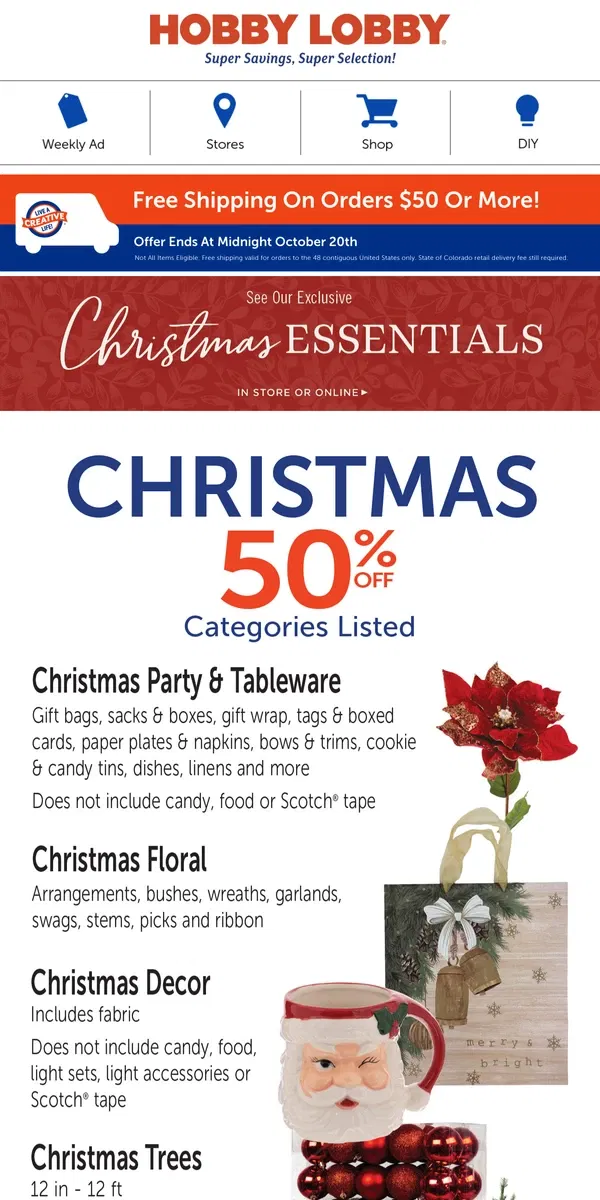 Email from Hobby Lobby. Shop 50% Off Fall & Christmas!