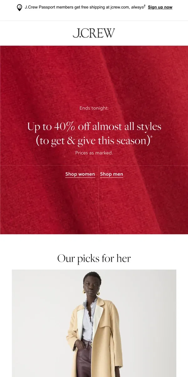 Email from J.Crew. Ends tonight: up to 40% off almost all styles