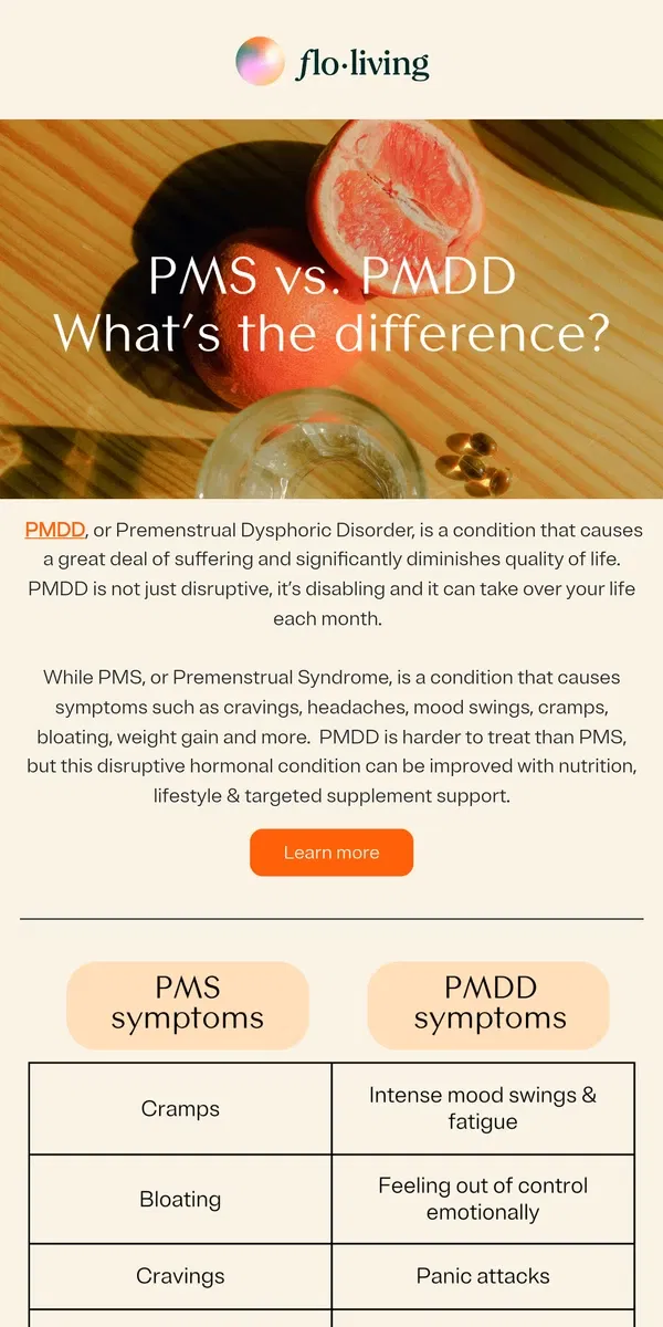 Email from FLO Living. PMS vs. PMDD