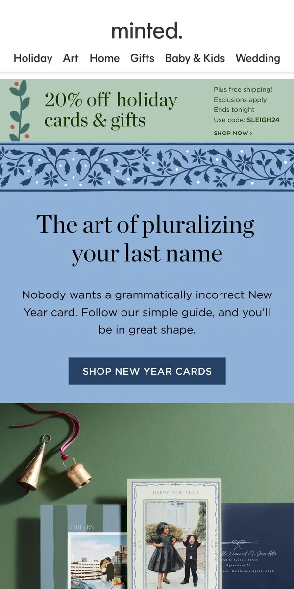 Email from Minted. A guide to pluralizing your last name