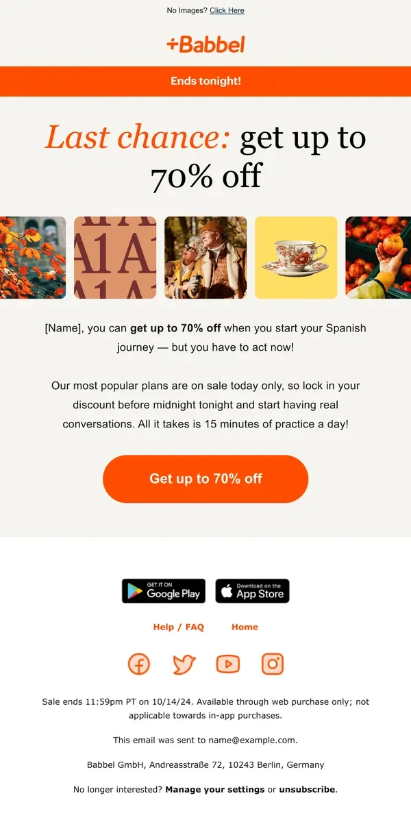 Email from Babbel. 😭 Final day: 70% off Babbel ends tonight.