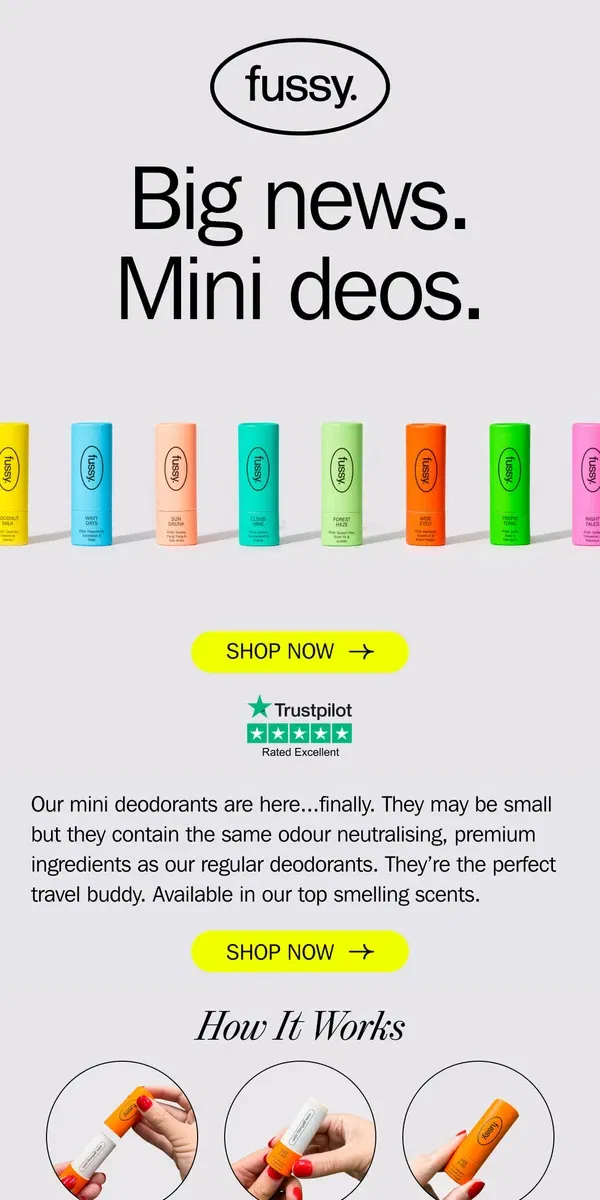 Email from Fussy. New Product: Introducing Mini Deodorants 👀