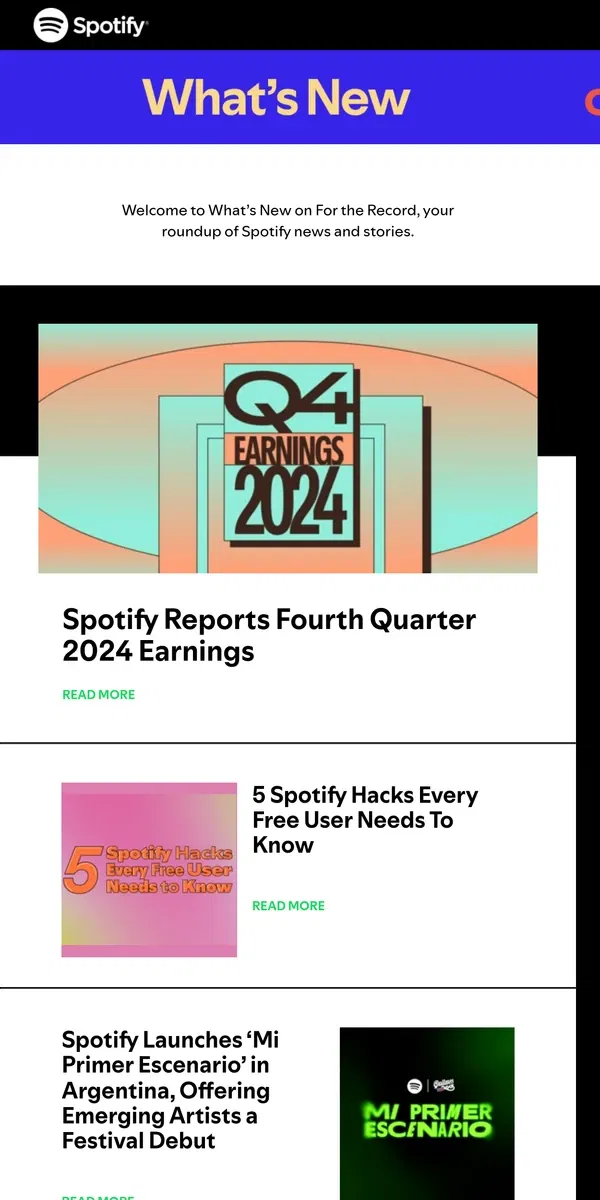 Email from Spotify. Spotify Reports Fourth Quarter 2024 Earnings